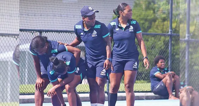 Rooster Chicken Fijiana Drua reps (from left) Vive Sikisawana, Reijeli Uluinayau, Roela Radiniyavuni and Reijeli Laqeretabaua work on their move during training in Brisbane on April 6, 2022. Photo: FRU Media
