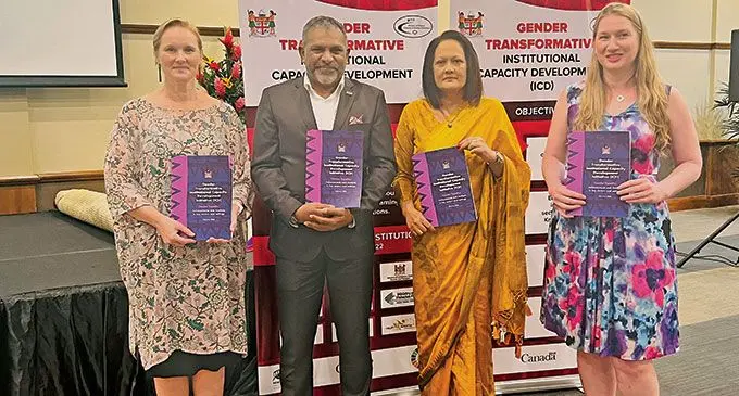 From left: High Commissioner of New Zealand, Charlotte Darlow, Minister for Commerce, Trade, Tourism and Transport Faiyaz Koya, Minister for Women, Children and Poverty Alleviation Rosy Akbar and Counsellor of the Canadian High Commission Tara Bicks with the newly launched Gender Transformative Institutional Capacity Development Initiative (ICD) book at the Grand Pacific Hotel in Suva on June 1, 2022.  Photo: Sheenal Charan