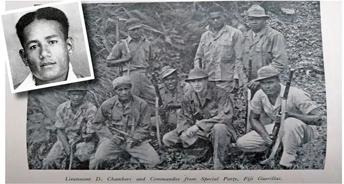 Members of the 3rd Battalion, Fiji Infantry Regiment at Bougainville.   INSET: Corporal Sefanaia Sukanaivalu .   Photo: RFMF Archives
