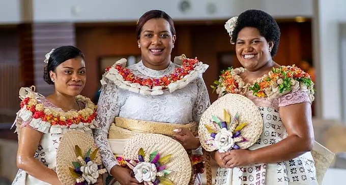 Bridesmaid Grace Loanakadavu (left) bride Ma’ata Matavewa and bridesmaid Michelle Balaikanaca at the Grand Pacific Hotel in Suva last week.