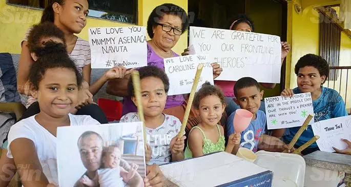 The Tuibau family of Cunningham, Suva on April 23, 2020 beat the drums to acknowledge their family members who are among the health front liners in the fight against COVID-19. Photo: Ronald Kumar.