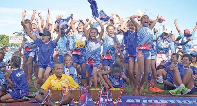 Team Suva athletes celebrate after it was officially announced that they took out all the titles of the FMF 2019 Chow Games at the ANZ Stadium, Suva on November 16, 2019. Photo: Ronald Kumar.