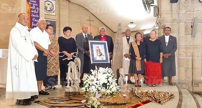 Those attending the memorial of the late Sir Michael Somare were (from left) Catholic Archbishop Peter Loy Chong (left), Prime Minister Voreqe Bainimarama and his wife Mary, wife of the Speaker of Parliament, Adi Koila with Speaker Ratu Epeli Nailatikau, Anglican Archbishop Fereimi Cama with other attendees at the Sacred Hart Cathedral in Suva on March 12, 2021. Far right is Reverend James Bhagwan. Photo: Kelera Sovasiga
