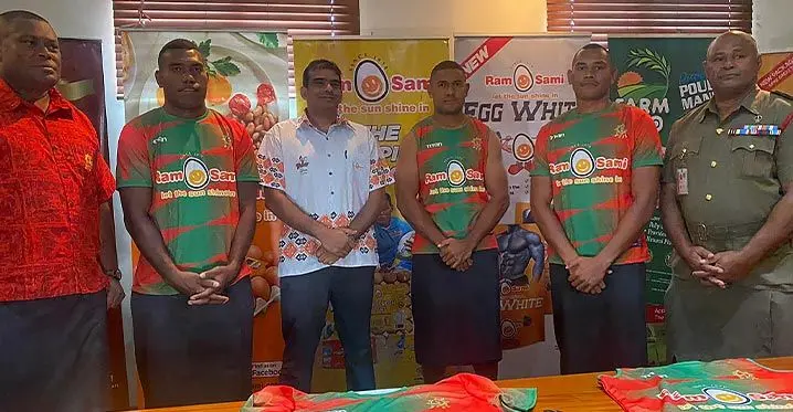 Ram Sami Army 7s head coach Dale Tonawai (first from left), Ram Sami business development manager Abdul Shameer (third from left) Ilisoni Bureilobau (4th) and Major Elia Rokowailoa (sixth) during their training apparrel handover at the valelevu, Nasinu on February 2, 2023. Photo: Sereana Salalo