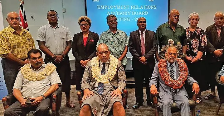 Sitting from left: Fiji Trades Union Congress National Secretary Felix Anthony, Permanent Secretary for Education Timoci Seru, Minister for Employment Agni Deo with members of the employment relation advisory board at the Holiday Inn on January 8, 2023. Photo: Sosiveta Korobiau.