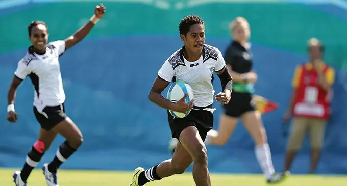 Fijiana 7s rep Luisa Tisolo (left) scoring a try against the United States at the  Rio 2016 Olympic Games  at Deodoro Stadium on August 6, 2016. Photo: World Rugby