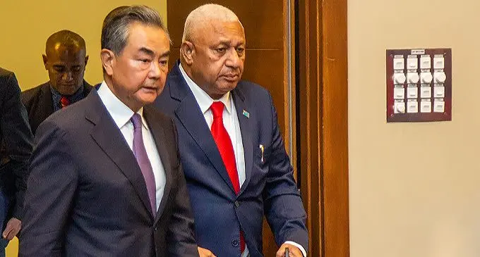 Minister of Foreign Affairs of the People's Republic of China, Wang Yi alongside Prime Minister Voreqe Bainimarama during  his  state visit press conference at the Grand Pacific Hotel in Suva on 30 May, 2022. Photo: Leon Lord.