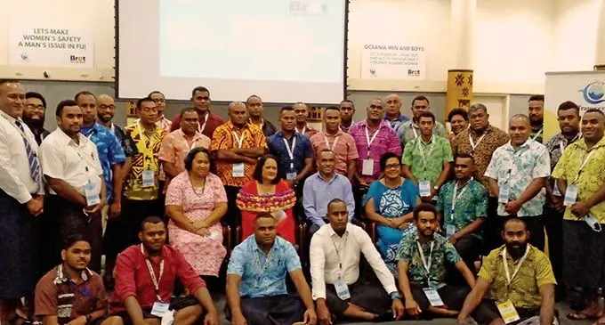 The Minister for Women,Children and Poverty Alleviation Rosy Akbar (wearing garland), with participants of the Masculinity, Gender and Non -Violence  training for men and boys on February 14, 2022.  Photo: Salote Qalubau