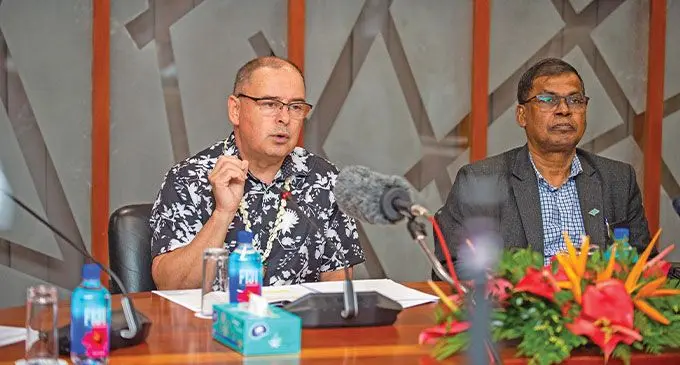 From left: Cook Islands Prime Minister and Pacific Islands Forum chair Mark Brown and Minister for Finance Biman Prasad. Photo: Leon Lord 