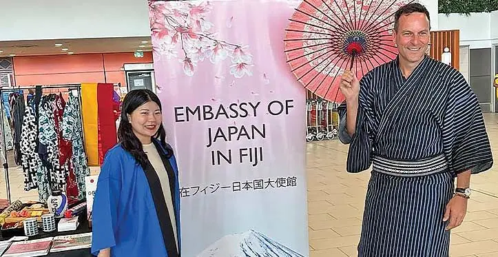 Tourism Fiji chief executive officer Brent Hill (right) earlier this year before taking a trip to Tokyo. Photo: Embassy of Japan in Fiji