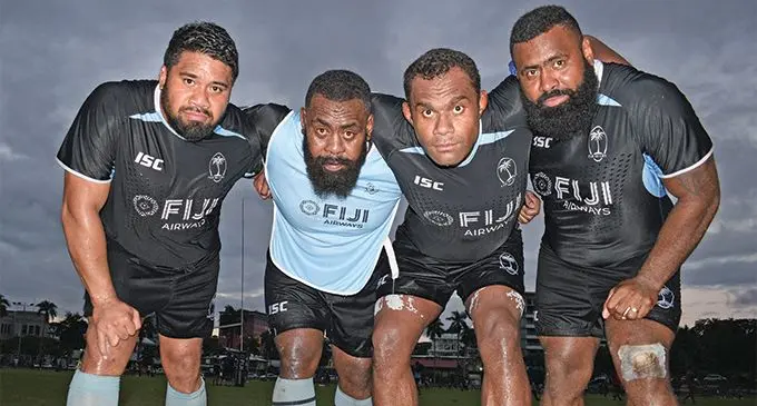 Fiji Airways Flying Fijians front row, (from left) Campese Ma'afu, Manasa Saulu, Leone Nakarawa and Ropate Rinakama during training at Albert Park. Photo: Ronald Kumar.