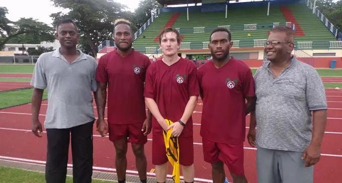 From left; Coach Kamal Swamy,  Benjamin Totori, Cory Chetteburge,  Brian Kaltak and John Abraham at Churchill Park,Lautoka on February 8,2018. Photo: Karalaini Tavi.