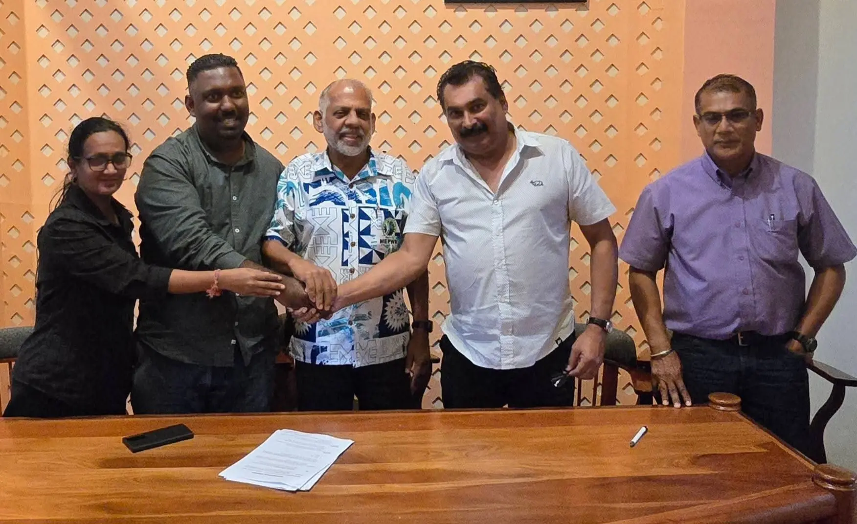 (L-R) Ba Town Council chief executive officer Manjula Devi, Ba Town Council special administrator Moshim Khan, with the Minister for Employment, Productivity and Workplace Relations Adni Deo Singh, National Union of Workers general secretary Felix Anthony, and National Union of Workers industrial relations officer Satish Chandra. 