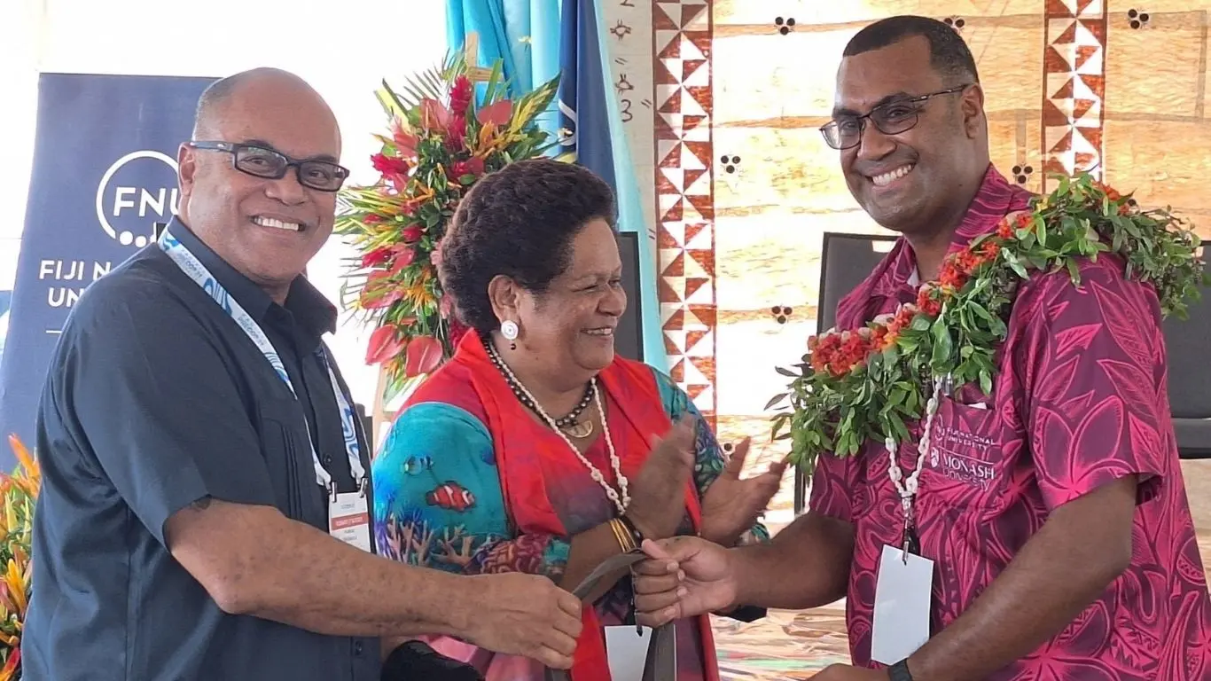 Fiji Development Bank (FDB) chief executive officer Filimone Waqabaca (left), Fiji National University (FNU) vice-chancellor Professor Unaisi Nabobo-Baba and Pacific Planetary Health Research Centre Watershed Interventions for Systems Health (WISH-Pacific) project manager and coordinator Timoci Naivalulevu at the Pre-COP31 Investing in Natural Capital: The Pacific Opportunity event at Hilton Fiji Beach Resort and Spa in Nadi. Photo: Katherine Naidu.
