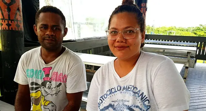 Fiji National University, Natabua Campus Head Residential Assistant (RA), Kustino Tabaiwalu (left) with the Campus Student Association president, Rebecca Matai (right) at the Natabua Campus in Lautoka on March 24, 2020.  Photo: Nicolette Chambers