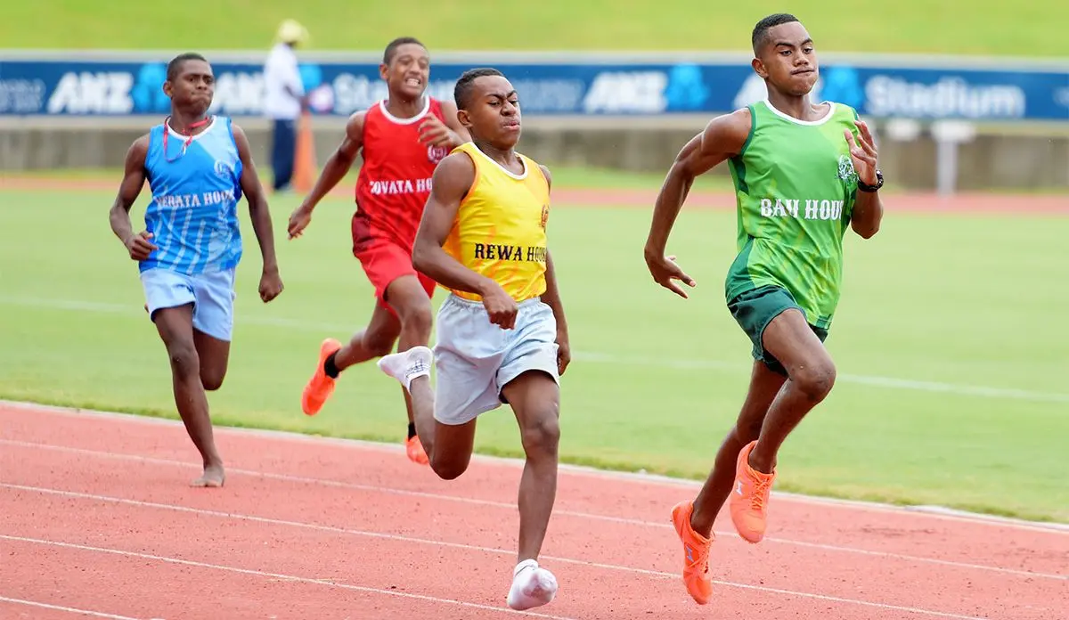 Queens Victoria School junior boys 400meters final inter-house action at ANZ Stadium on February 15, 2019. Photo: Ronald Kumar.