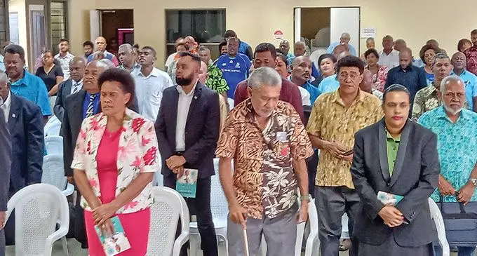Unity Fiji supporters and candidates at the launch of the party manifesto at Wesley Church Hall in Butt Street, Suva, on November 4, 2022. Photo: Josefa Babitu