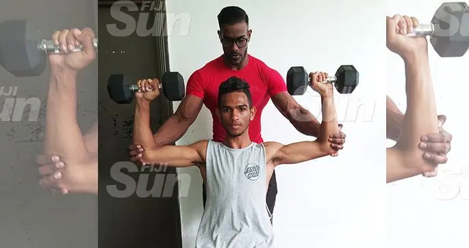 Nathan Singh doing his weight training with strength and conditioning coach Jordan Pillay at the Metro Gym in Suva on October 14, 2019. Photo: Sheldon Chanel