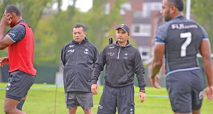Fiji Airways Fijian 7s assistant coach Kane Jury (third from left) took the players on their first training run in London on May 18, 2019. Photo: Ian Muir