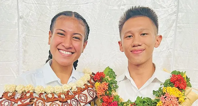 Yat Sen Secondary School head girl, Adi Titilia Lagilagi and head boy Vincent Law after their prefect induction ceremony in Suva on May 3, 2022. Photo: Nolishma Narayan