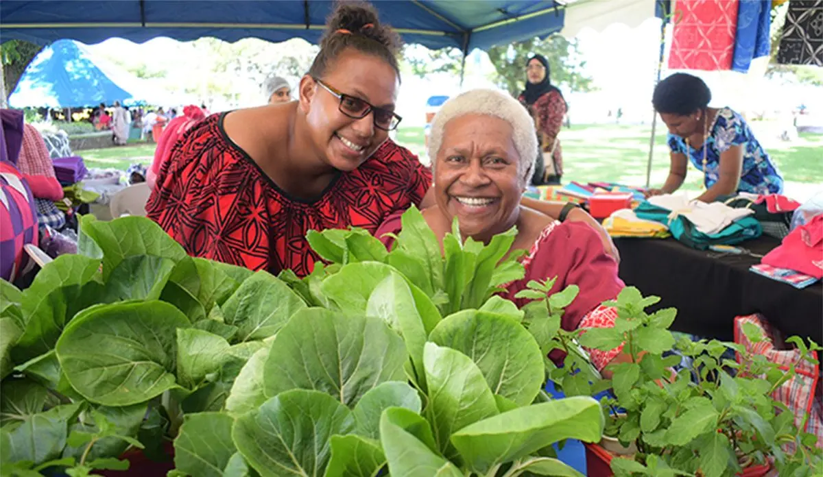 Makoi Womens Vocational training centre trainer, Rosemary Bilitaki (left) and Amalaini Kanasalusalu with hydroponics farming display during the central division craft show at Ratu Sukuna Park on February 20, 2019. Photo: Ronald Kumar.