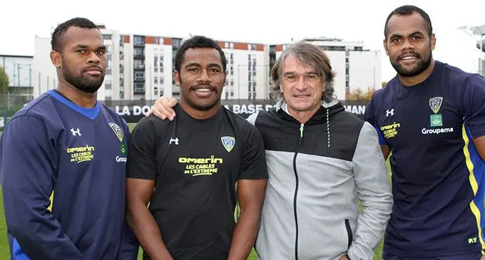 Fijians playing for Clermont in the Top 14 rugby competition in France with Franck Boivert. From left: Alivereti Raka, Setareki Tuicuvu, Boivert, and Peceli Yato in France. Photo: Clermont