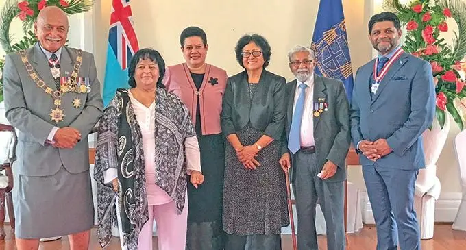 HONOURED WITH TOP ORDER OF FIJI...   Attorney-General Aiyaz Sayed-Khaiyum with his family with his Companion of the Order of Fiji insignia presented to him on November 24, 2020, by President Major-General (Ret’d) Jioji Konrote at State House.  Photo: KELERA SOVASIGA