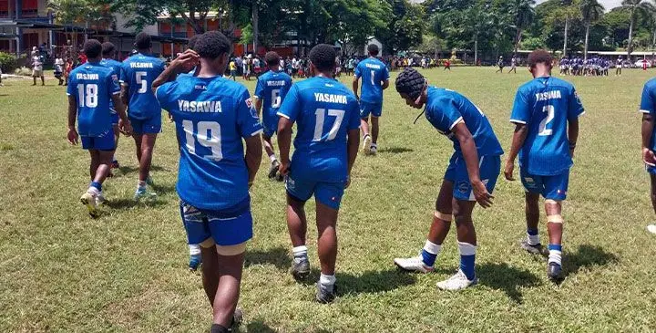 Yasawa High School Under-17 rugby league team during their warm-up in Lautoka today. Photo: FSSRL. 