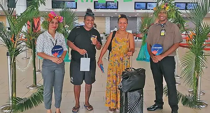 From left: Fiji Airports Customer Assistant Agent, Diela Cokanasiga, Iva Nancy, Iva Denage and Passenger Assistant Agent, Anitelu Kado at the launching of the Papeete inaugural direct flight - Aircalin at the Nadi International Airport on December 6, 2023. Photo: Mereleki Nai