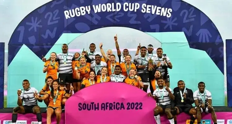 Fiji Airways Fijian men’s with the Australian women’s 7s players after the official presentation for winning the Rugby World Cup Sevens 2022 at Cape Town Stadium in South Africa this morning. Photo: World Rugby