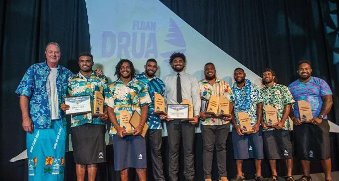 From left: Salesitino Ravutaumada, Meli Derenalagi, Israel Nasilasila, Tevita Ikanivere, peni Matawalu, Simione Kurivoli, Isoa Nasilasila won the Players Player of the Year Award. and Mesake Doge. Photo: Leon Lord