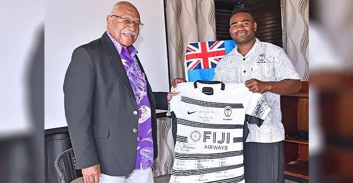 Prime Minister Sitiveni Rabuka, with Fiji 7s squad member Jerry Tuwai in Sigatoka on February 19, 2023. Photo: Office of the Prime Minister