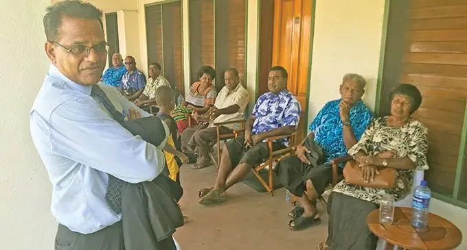 Maqbool and Company lawyer Amrit Sen (left) with Bua Landowners Association members at the Grand Eastern Hotel in Labasa on January 18, 2021.  Photo: Shratika Naidu