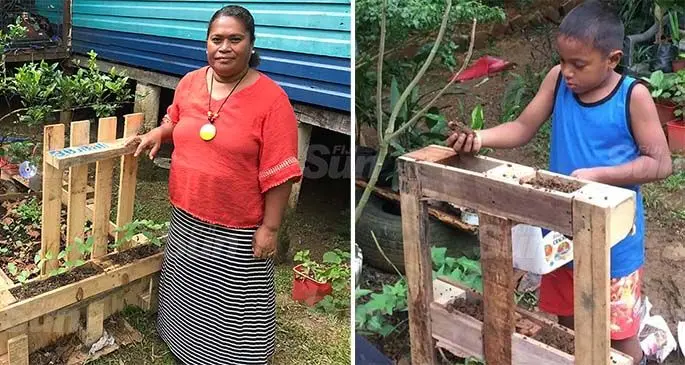 Maria Latianara (left) shows a part of her innovative backyard gardening methods at her home in Wakanisila, Kalabu, on June 21, 2020 and Eight year-old Joshua Matainaniu (right) tends to his backyard garden at Wakanisila, Kalabu, on June 21, 2020. Photo: Kelera Sovasiga