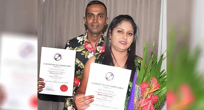 Couple Viren Vikash Naidu and Rita Prasad following their Prestige Caregivers Academy graduation in Suva on November 18, 2022. Photo: Ronald Kumar