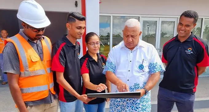 From left: Four R Electrical & General Foreman, Rohit Kumar, Damodar City Labasa clerk of works, Parnil Chand, Damodar City complex Labasa project manager, Cornelia Smith, Prime Minister, Voreqe Bainimarama and  Damodar Group chief investment officer, David Nonu at the Damodar City complex in Labasa on September 13, 2022. Photo: Sampras Anand
