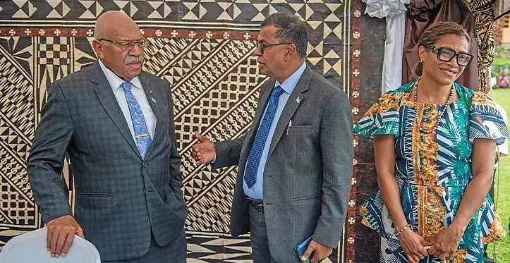 Prime Minister Sitiveni Rabuka, Minister for Finance Biman Prasad and Minister for Women, Children and Poverty Alleviation Lynda Tabuya at Bau Island on May 24, 2023. Photo: Leon Lord