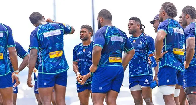 Swire Shipping Fijian Drua halfbacks Simione Kuruvoli and Frank Lomani (facing camera) during training in Nadi on February 13, 2025. Photo: Fijian Drua