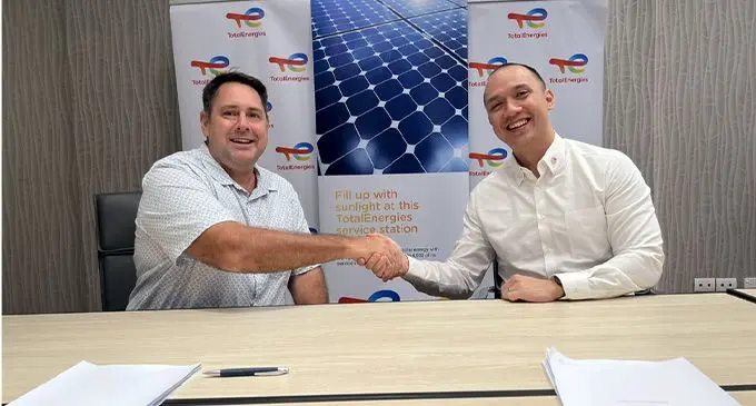 TotalEnergies Marketing Fiji Managing Director Dennis-Michael Cuaycong and McDonald’s Fiji’s Managing Director Marc McElrath at the MOU partnership signing event at Sheraton Resort, Fiji