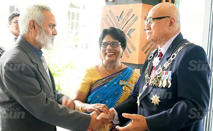 Kamlesh Arya (left) and Urmila Devi Arya with President Jioji Konrote after the 50th anniversary of Independence commemorative medal presentation at State House on October 7, 2020. Photo: Ronald Kumar.