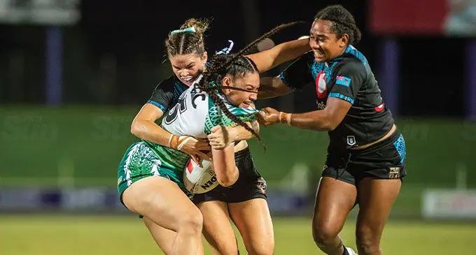 Bulikula captain Talei Holmes in defense against against Cook Islands in their Pacific Bowl Championship match on October 26, 2024. Photo: Leon Lord
