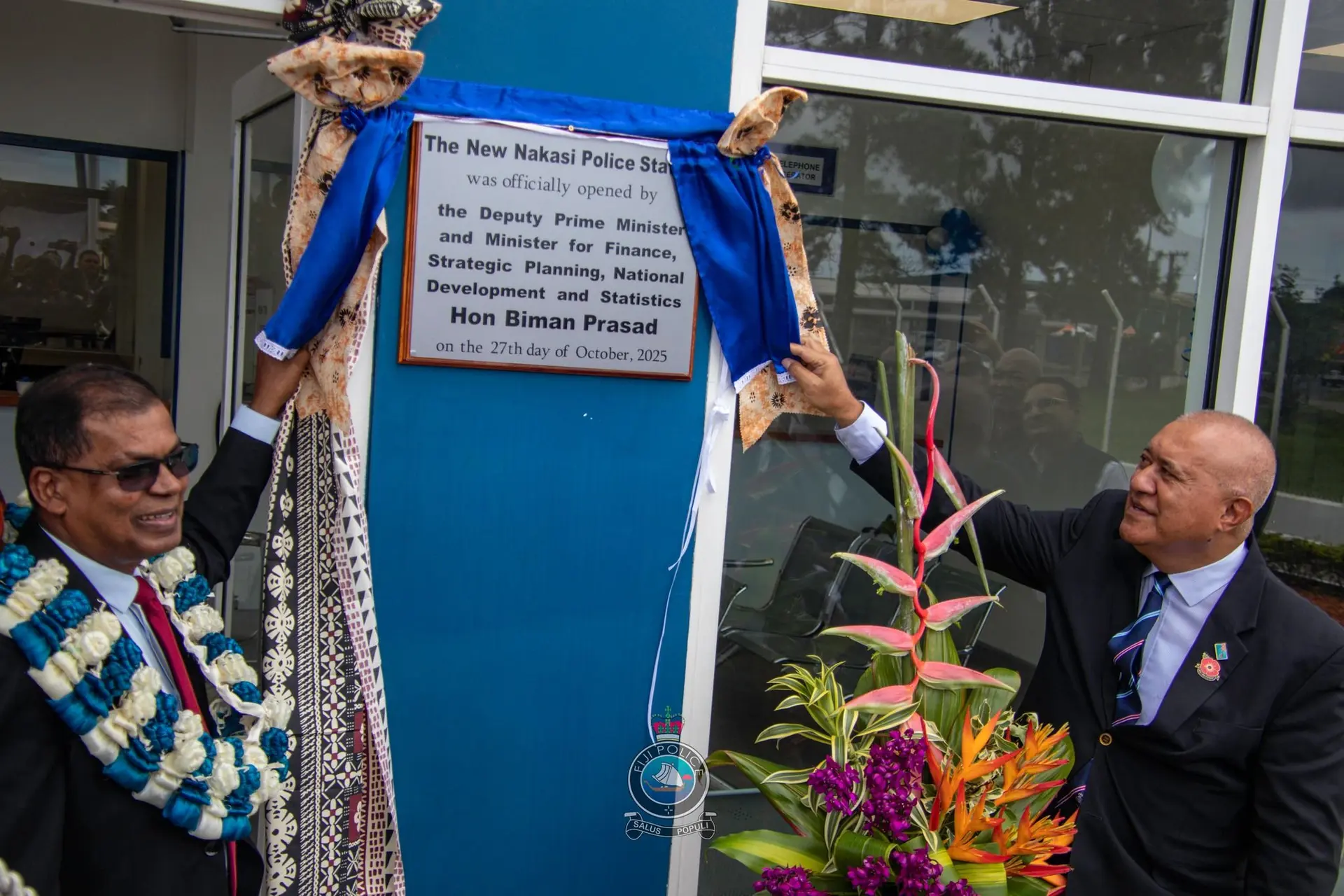 Deputy Prime Minister Biman Prasad (left) and Minister for Policing Ioane Naivalurua during the opening of the Nakasa Police Post on October 27, 2025.