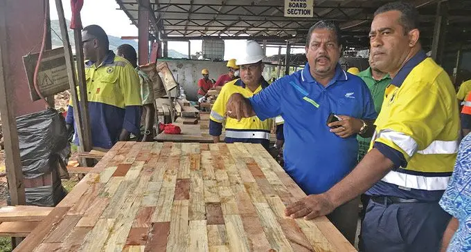 An Australian-based businessman has indicated interest in taking over Fiji Forest Industries Limited’s (FFI) facility at Malau, Labasa. FFI’s sawmill was shut down by Fiji Pine Limited in May 2019. Pictured: Valebasoga Tropik Boards Pte Limited and Valebasoga Quarries and Civil Works Pte Limited managing director Mukhtar Ali with Minister for Lands and Mineral Resources Filimoni Vosarogo during his visit to the mill in Labasa on January 19, 2023. Photo: Shratika Naidu.