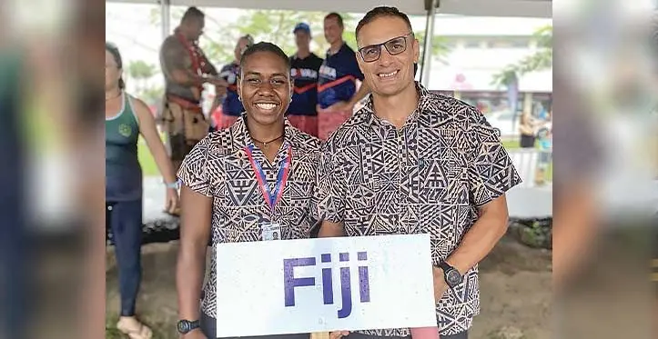 Elenoa Vateitei (left) during the opening ceremony of the Va’a World Championship in Apia, Samoa.