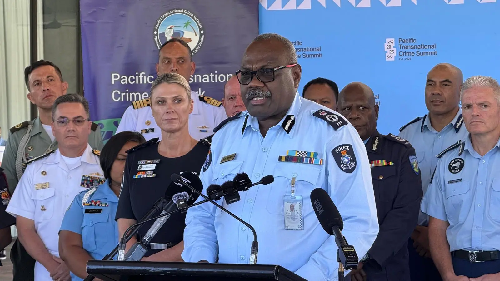 Commissioner of Police Rusiate Tudravu speaks during a press conference on the sidelines of the inaugural Pacific Transnational Crime Summit at the Fiji Marriott Resort Momi Bay on May 20.
