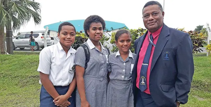 Christian Mission Fellowship Primary School Gospel Sensation band members Elijah Rakabu, Veniana Namuatabu, Ruth Sekilevuka and school headteacher Neori Cama outside the FMF Gymnasium in Suva on August 7, 2019.