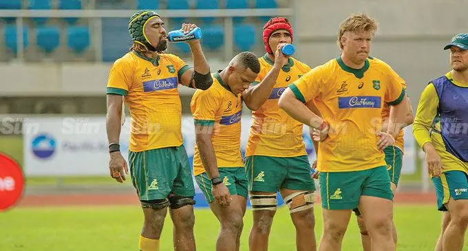 Australia A players (from left) Seru Uru, Filipo Daugunu, Langi Gleesson during the water break against Tonga at Churchill Park, Lautoka, on July 16, 2022. Photo: Leon Lord