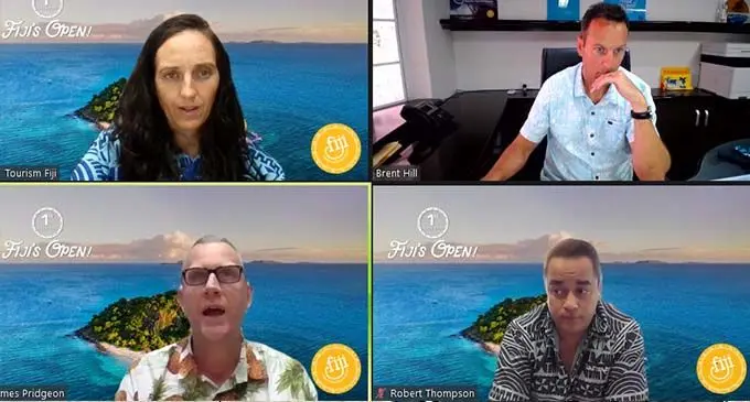 From left (top): Tourism Fiji’s chief marketing officer Emma Campbell and chief executive officer Brent Hill. From left (bottom): Tourism Fiji’s chief operating officer James Pridgeon and executive head of regions Robert Thompson during the Tourism Fiji webinar on November 18, 2021. 