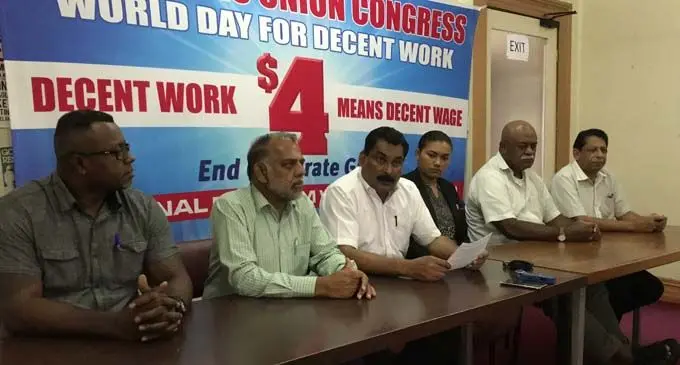 From left: Fiji Trades Union Congress national vice-president Semisi Turagabaleti, FTUC national treasurer Agni Deo Singh, FTUC national secretary Felix Anthony, FTUC vice-president Latieta Gaga, FTUC president Daniel Urai and observer Rajeshwar Singh during the FTUC press conference at their headquarters in Suva on February 23, 2018. Photo: Ashna Kumar