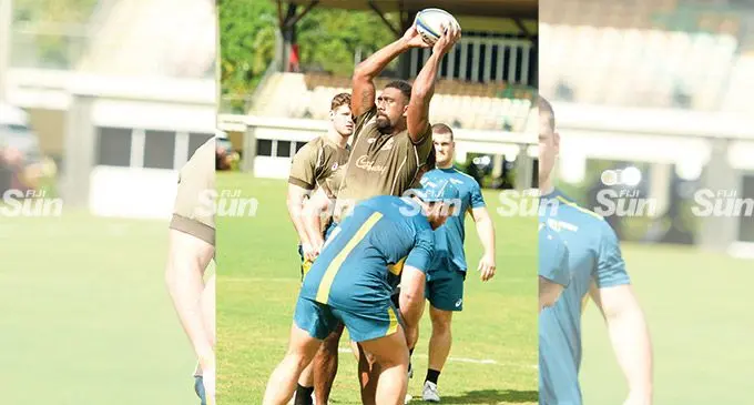 Australia A’s Seru Uru (with ball) during the team’s training session at Albert Park on June 29, 2022. Photo: Ronald Kumar
